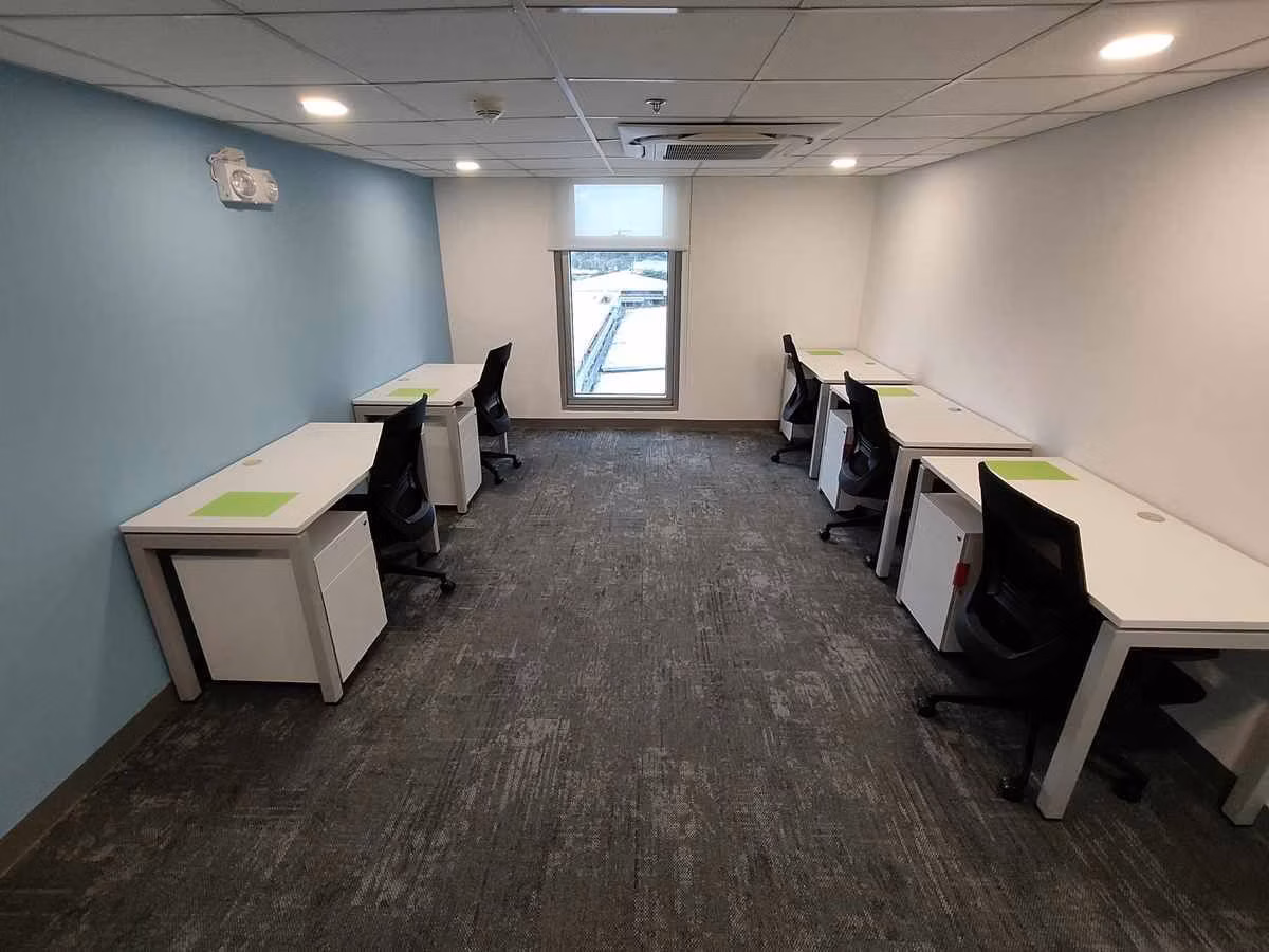 Shared office with facing desks and lime workstation mats
